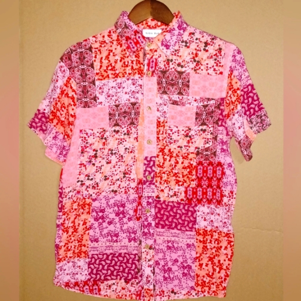Raga Man Shirt Mens Small Pink Paisley Patch Boho Short Sleeve Button Hippie
